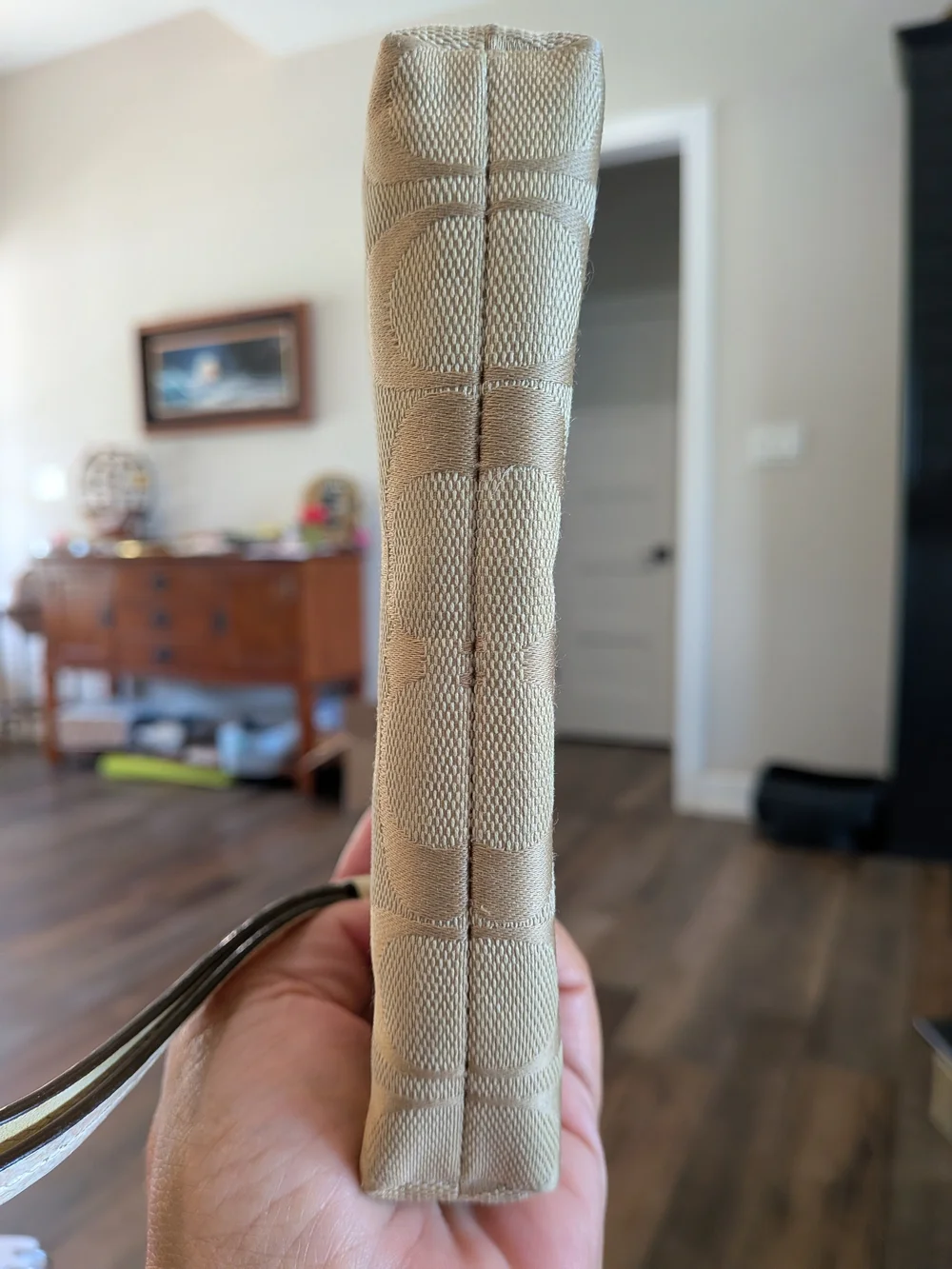 Coach Beige Signature Canvas Wristlet with White Leather Trim